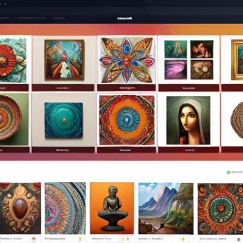 Home 4 **A vibrant digital art marketplace interface:** Showcasing diverse artworks (paintings, sculptures, digital art) with easy navigation and secure payment icons. The style should be modern and inviting, emphasizing accessibility and a wide range of artistic options. Include AI elements like a personalized recommendation section.