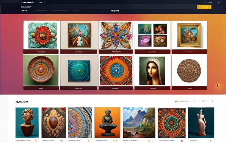 **A vibrant digital art marketplace interface:** Showcasing diverse artworks (paintings, sculptures, digital art) with easy navigation and secure payment icons. The style should be modern and inviting, emphasizing accessibility and a wide range of artistic options. Include AI elements like a personalized recommendation section.